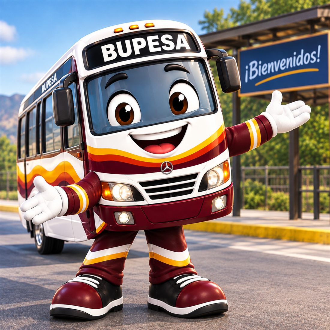 Mascota BUPESA dando la bienvenida en un paradero